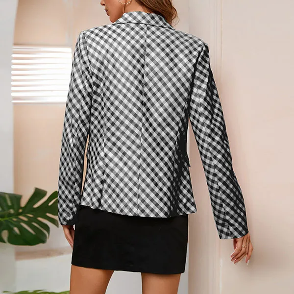 Elegant Contrast Color Checkered Double Breasted Blazer